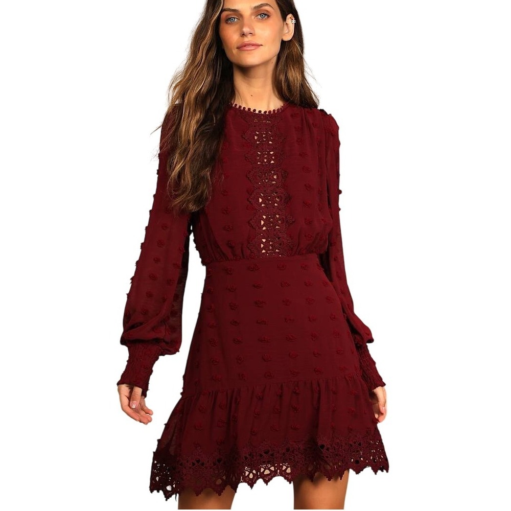 Lulus Lust Or Love Embroidered Lace Dress Womens XS Wine Red Party Coquette Girl